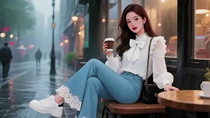 店外小桌旁喝咖啡的美女