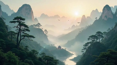 国风山水秘境日落黄昏