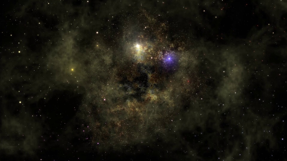 深黑底色的宇宙星空中，散落大量细碎星点，黄绿棕褐色弥散星云间点缀着亮黄与亮紫色的发光星体。