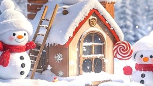 雪景房屋可爱小雪人双屏