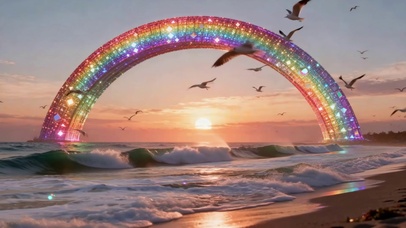 海边日落梦幻彩虹拱门