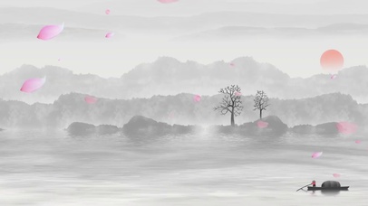 唯美中国风水墨画玫瑰花瓣船只
