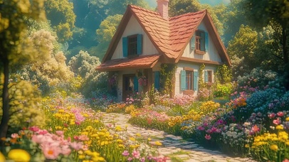 温馨花海草地阳光木屋