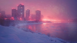 迷雾城市湖畔夜景