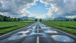 雨后乡间公路，云影映水洼