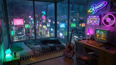城市雨夜霓虹房间