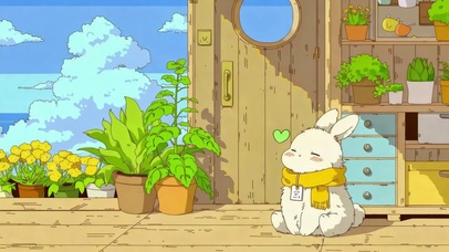木屋前晒太阳的小白兔
