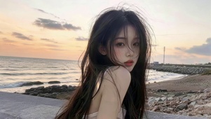 黄昏海边女孩