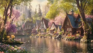 静谧春日湖畔小镇建筑