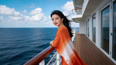 游轮上吹风的红衣美女