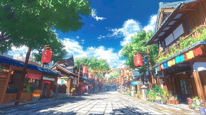 商业小镇夏日蓝天街道
