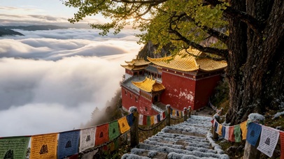 云海山间古风古寺胜景