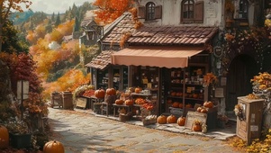 秋日小镇温馨商店街道