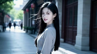 古镇街道上闲逛的长发美女2