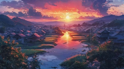 粉色山谷小镇晚霞溪流