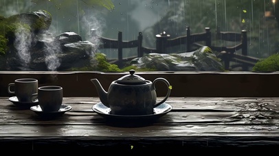 古风雨天茶座带鱼屏