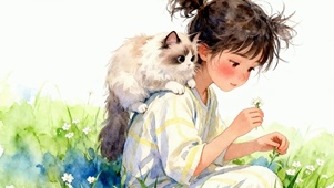 草地女孩与猫咪