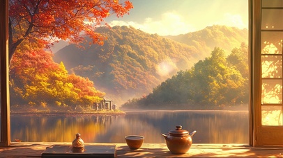 晨雾枫林湖畔小屋