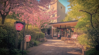 粉樱静谧午后城市商店