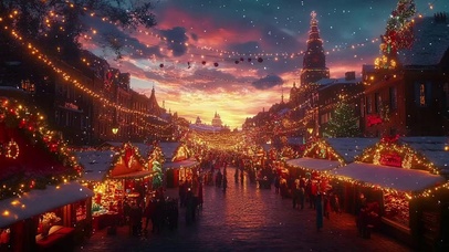 晚霞圣诞彩灯集市街道