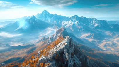 蓝天阳光秋日云雾群峰