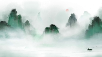中国风水墨画山峦乌篷船雨滴屏