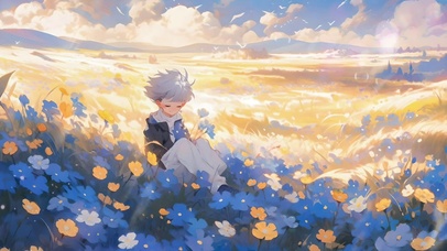 花海中的小男孩