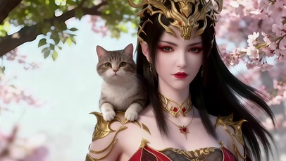 桃树林可爱猫咪与美女美杜莎女王