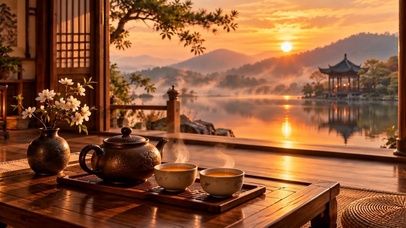 木屋夕阳湖畔品茶