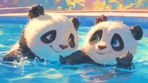可爱的戏水熊猫