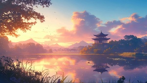 落日公园静谧湖泊古亭