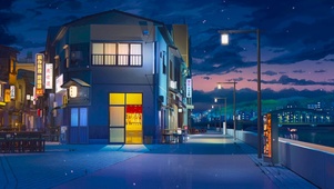 河畔街道路口夜晚