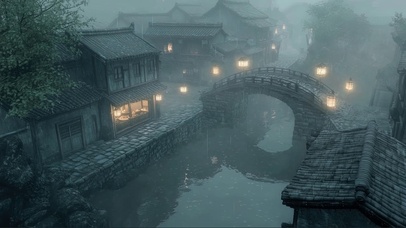 朦胧烟雨古风水乡建筑