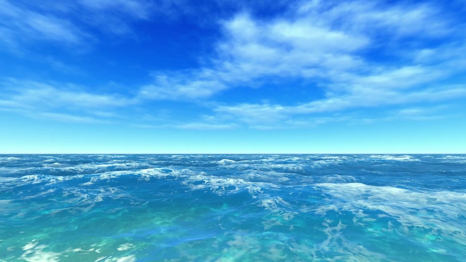 3D渲染的碧海晴空，渐变蓝天下飘着白色云絮，青蓝色海面铺展向远方