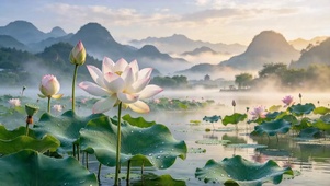 晨雾莲池远山（国风山水风景）