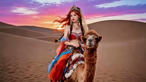 沙漠骑骆驼的新疆红衣美女1