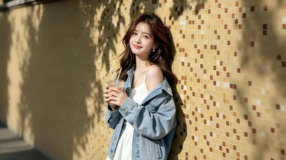 树荫处靠墙喝咖啡的美女
