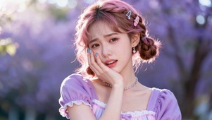 紫花树下粉发清纯美少女
