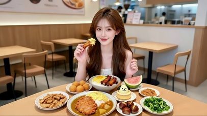 餐厅里正在品尝美食的迷人美女