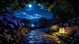 月夜湖畔花径唯美夜景