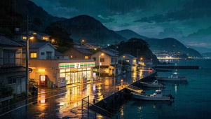 雨夜海边小镇
