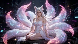 赛博风发光九尾狐美少女
