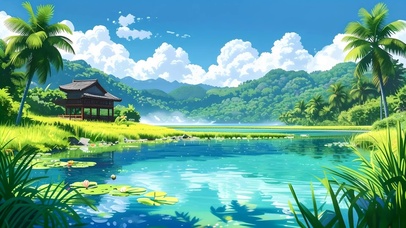 清新绿色护眼山水小屋