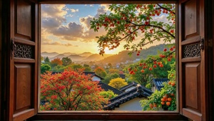 推窗见落日柿红秋景