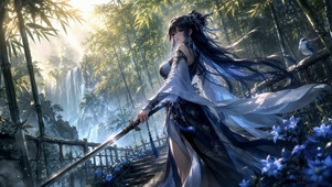 竹林瀑布古风持剑美少女