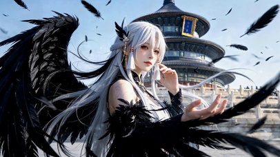 天坛古风黑翼白发美少女