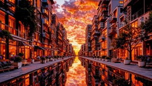 火烧云城市水道唯美风景