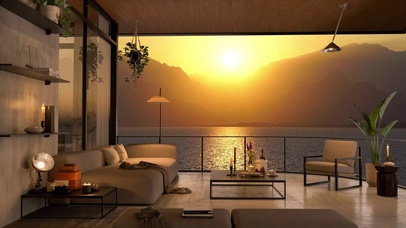 唯美夕阳湖畔别墅