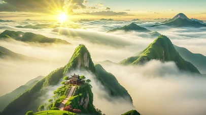 仙境山巅云海落日