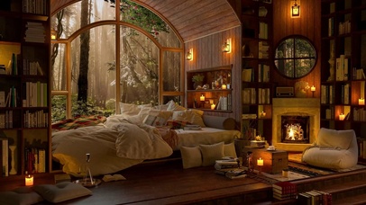 雨天森林木屋房间